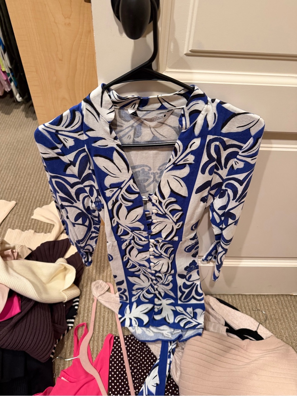 Zara Blue and White Floral Wrap-Front Top